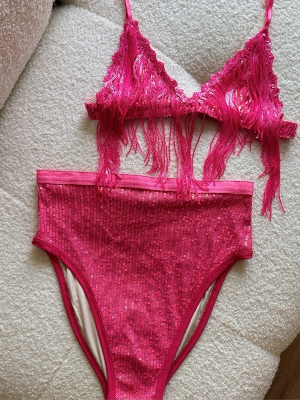 East n west Fringe Hot Pink Bralette & High-Waist Top + Bottom